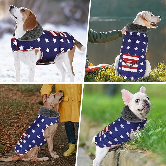 Dog Coat, Waterproof Dog Winter Jacket with Pocket, Reflective Adjustable Pet Snow Vest, Warm Cozy Fleece Sweater for Small Medium Extra Large Dogs - American Flag, S