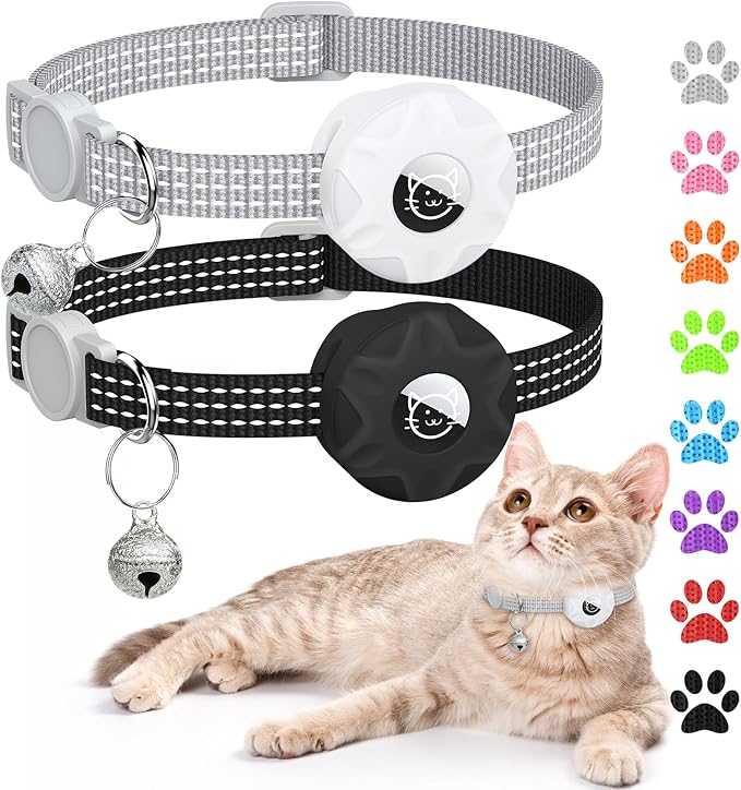 AirTag Cat Collar, Reflective Kitten Collar Breakaway Apple Air Tag Cat Collar, GPS Cat Collar with AirTag Holder and Bell, Lightweight Tracker Cat Collars for Girl Boy Cats (Black/Gray)