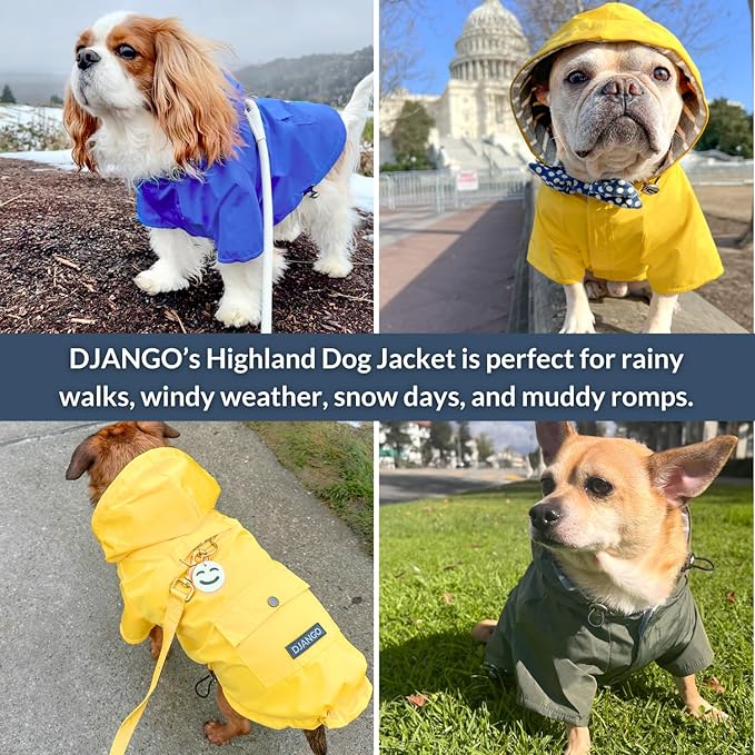 DJANGO Highland Dog Jacket & Raincoat – Water-Repellent, Lined Dog Coat with Hood, Adjustable Fit & Harness Hole – Lightweight Rain & Wind Jacket for Small & Medium Dogs up to 30 lbs (Red, Large)
