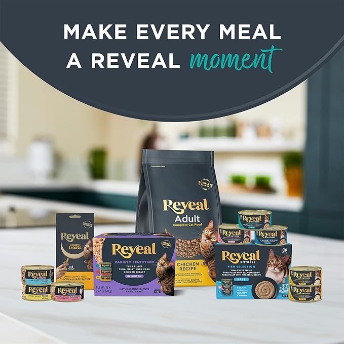 Reveal Natural Wet Canned Cat Food, Limited Ingredient, Grain-Free, High Protein with No Artificial Additives, Fish Variety in Broth (12 x 2.47 oz Cans)