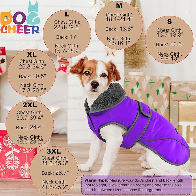 Dogcheer Dog Coat, Waterproof Dog Jacket Reflective Pet Winter Coat with Adjustable Hook & Loop, Christmas Puppy Fleece Jacket Warm Turtleneck Snowsuit for Small Medium Large Dogs - Purple, 3XL