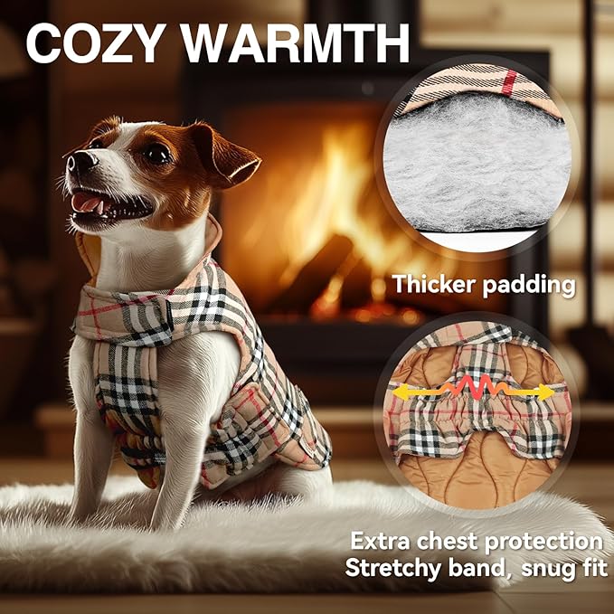 VIVAGLORY Softjoy Dog Coat, Dog Jacket for Winter & Christmas, Coat with Harness Hole & Velcro Closure, Reversible Plaid Checkered Warm Fluffy Heavy Duty for Puppy, XXS, Khaki
