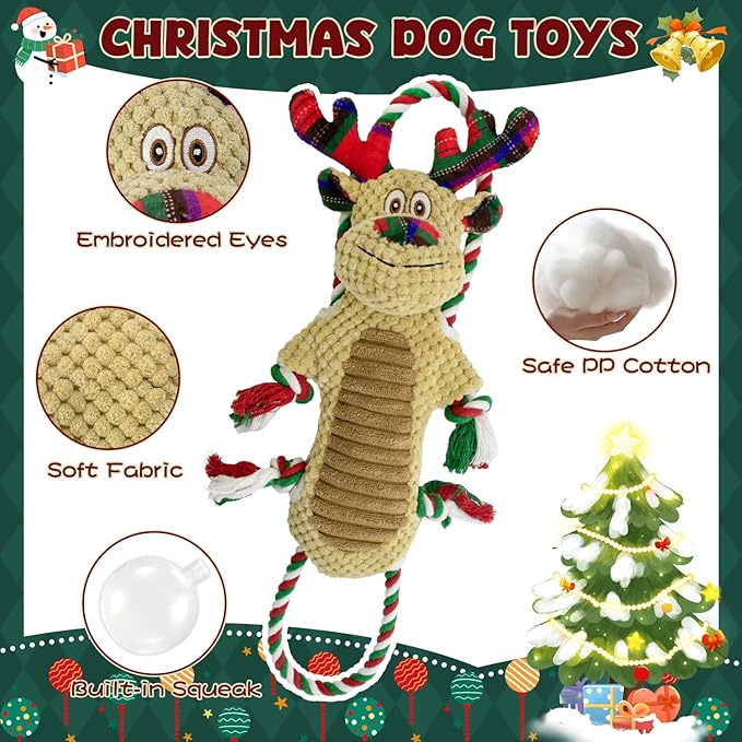 Christmas Squeaky Reindeer Dog Toys- Rope Tug of War Dog Toy for Puppy- Keep Them Busy and Entertained- Chew Toys for Medium & Large Breeds