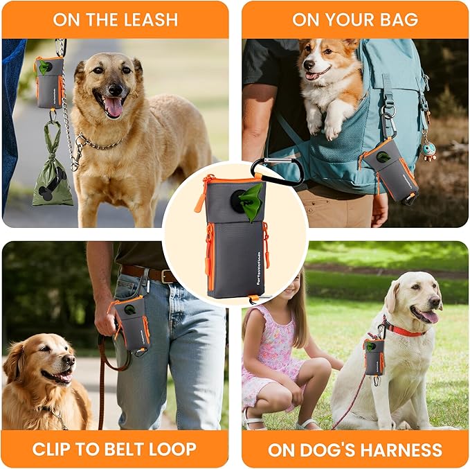 Dog Poop Bag Holder for Leash with 2 Waterproof Storage Pouches, Carabiner Clip, Zipper Soft Doggy Pouch for Pet Waste Bags, Dog Walking, Training, Travel (Grey)