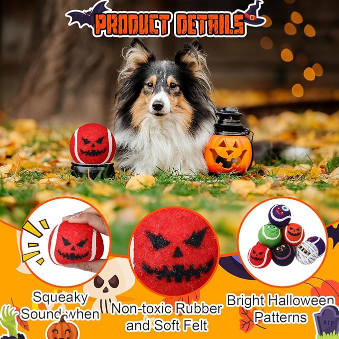 Civaner 6 Pcs Halloween Dog Toys Bulk, 2.5 Inch Squeaky Tennis Balls for Small Medium Large Dogs Pets Puppy Chew Teething Toy Interactive Training Gifts Xmas Stocking Stuffers