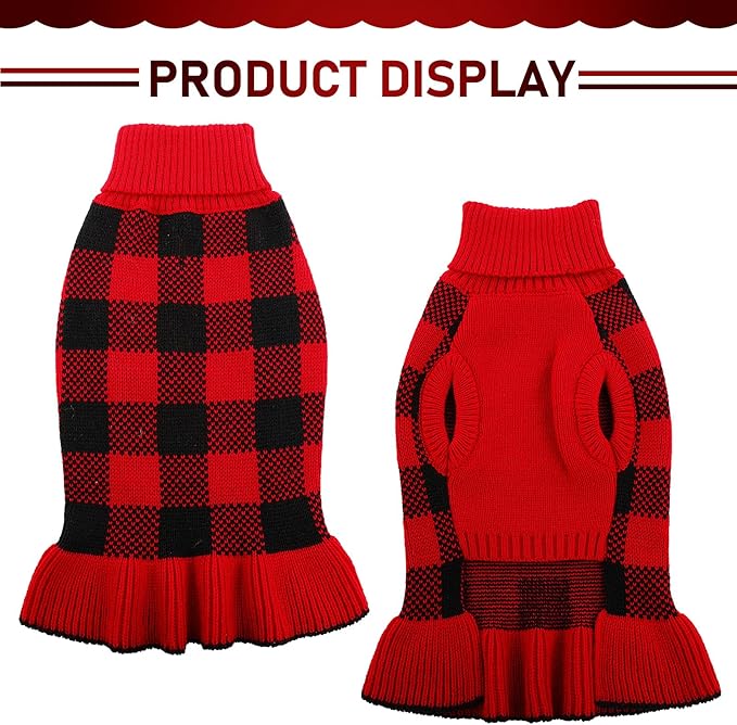 Dog Sweater Dress Plaid Knitwear for Small Medium Dogs Warm Puppy Pet Turtleneck Stretch Pullover Cute Fall Winter Vest Clothes with Leash Hole for Christmas (Red, XS)