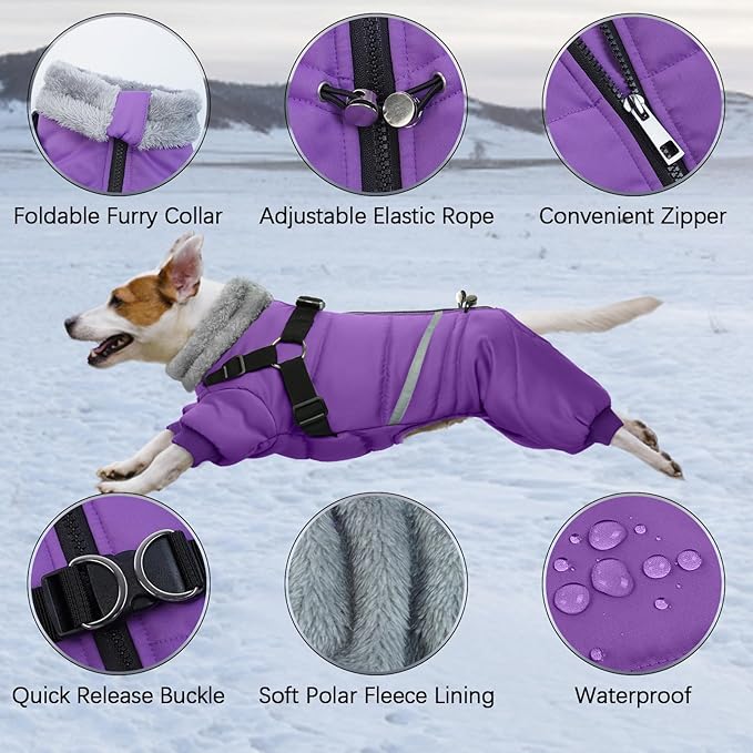 BRKURLEG Purple Dog Coat with Harness, Dog Winter Jacket, Dogs Onesie Body Warm Jackets, Small Dogs Winter Coats Reflective Windproof Warm Cold Weather Coats, Pet Waterproof Jackets, L