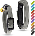 Leather Cat Collar with Bell and Safety Elastic Strap Breakaway Alternative for Small & Large Kittens, Stylish Pet Leather Collar for Boy, Girl Cats with Metal Buckle & QR ID Tag (Gray)