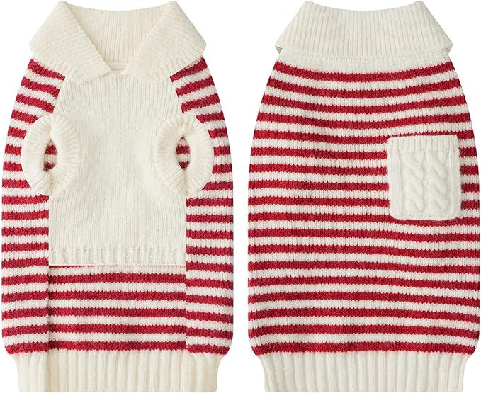 Small Dog Sweater, Knitted Striped Pullover Dog Clothes for Cold Weather, Thick Warm Cozy Stretchy Sweater for Chihuahua, Bulldog, Dachshund, Pug(Red & White Strip, XL)