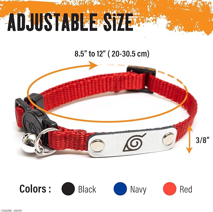 Naruto Breakaway Cat Collars for Girl & Boy Cats | Officially Licensed Naruto Shippuden Hidden Leaf Village Pet Accessories & Gifts, (8.5” to12”) Adjustable Cute Kitten Collar with Bell (Navy, Ninja)