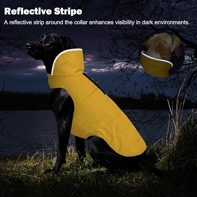 Dog Winter Coat, Waterproof Dog Jacket with Leash Hole, Reflective Adjustable Pet Snow Vest, Warm Fleece Sweater for Small Medium Large Dogs - Yellow, 2XL