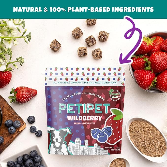 PETIPET Wildberry Plant-Based Fruit Dog Treats - Strawberry, Apple, Blueberry Soft & Chewy - Vegetarian, Vegan Dog Treats with Organic Ingredients - Low-Protein, Hypoallergenic, Gluten-Free