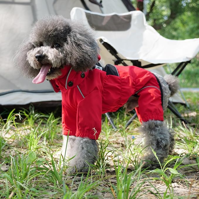 LOVELONGLONG Fleece-Lined Dog Raincoat with Removable Hood – Waterproof Winter Full Body Dog Jacket – Windproof Snowproof Cold-Weather Suit – Red-F S+