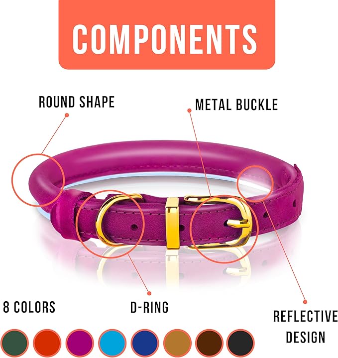OOPSDOGGY Reflective Rolled Leather Dog Collar Adjustable Soft Padded Pet Collar for Small Medium Large Breed Dogs (Pink, XXS, 7"-9")