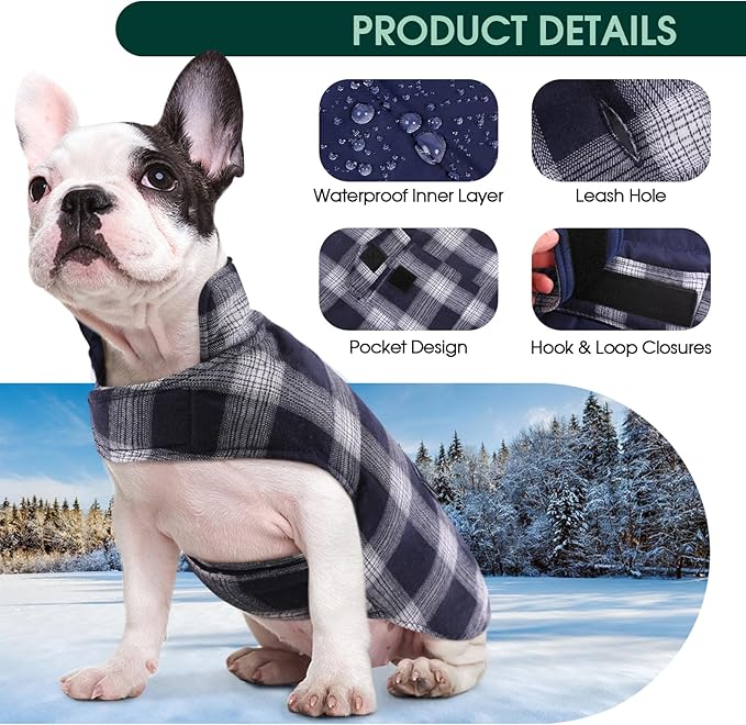 Kuoser Dog Winter Coat, Reversible Dog Jacket, Warm Doggie Coat British Style Puppy Cold Weather Coats, Windproof Pet Clothes for Extra Large Dogs Blue XXXL