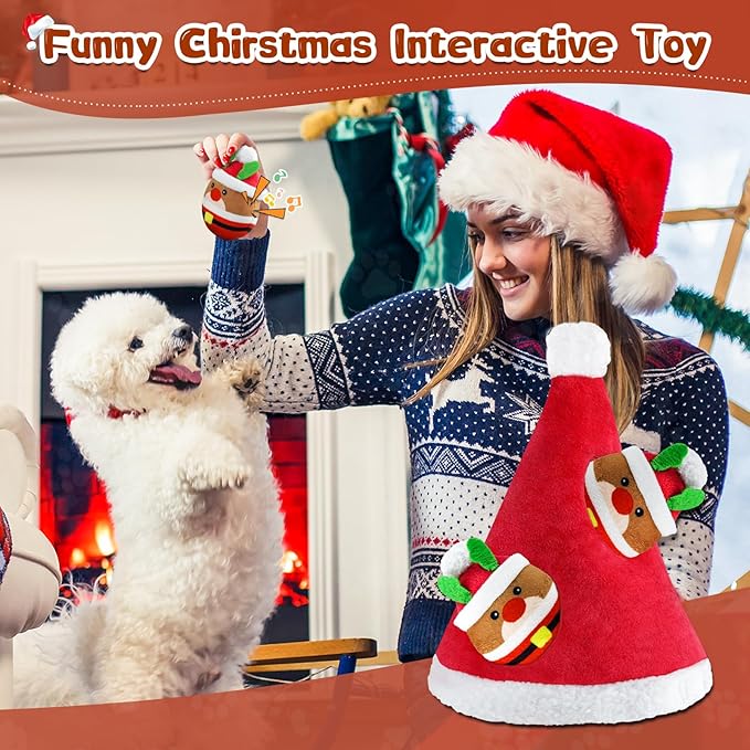 Christmas Squeaky Dog Toys - 4 Pack Hide and Seek Dog Toys - Plush Toys Christmas Hat for Puppy, Small, Medium Breeds