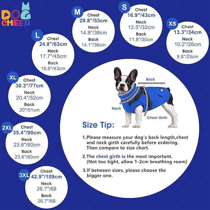 Dogcheer Dog Coat, Waterproof Dog Winter Jacket with Harness, Reflective Adjustable Doggy Cold Weather Coats, Christmas Pet Fleece Snowsuit for Small Medium Large Dogs - Blue, XS