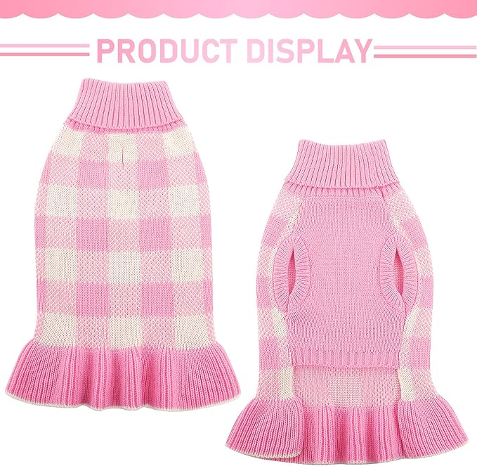 Dog Sweater Dress Plaid Knitwear for Small Medium Dogs Warm Puppy Pet Turtleneck Stretch Pullover Cute Fall Winter Vest Clothes with Leash Hole for Christmas (Pink, M)