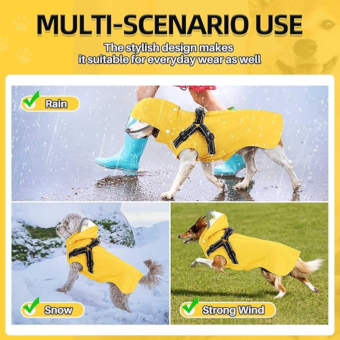 Lukovee Dog Raincoat - Waterproof Rain Jacket with Harness & Removable Hood, Reflective Double Layer Dog Rain Coat Poncho for Small Medium Large Dogs Puppy (L, Yellow)