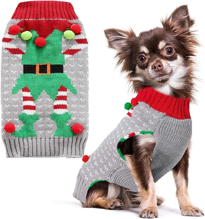 PETCARE Dog Christmas Sweater Ugly Elf Clown Cat Sweater Vest Pet Jumper Grey Green Holiday Dog Clothes Puppy Sweaters for Small Medium Large Dogs Cats Fall Winter Outfits Xmas Dogs Costume,X-Small