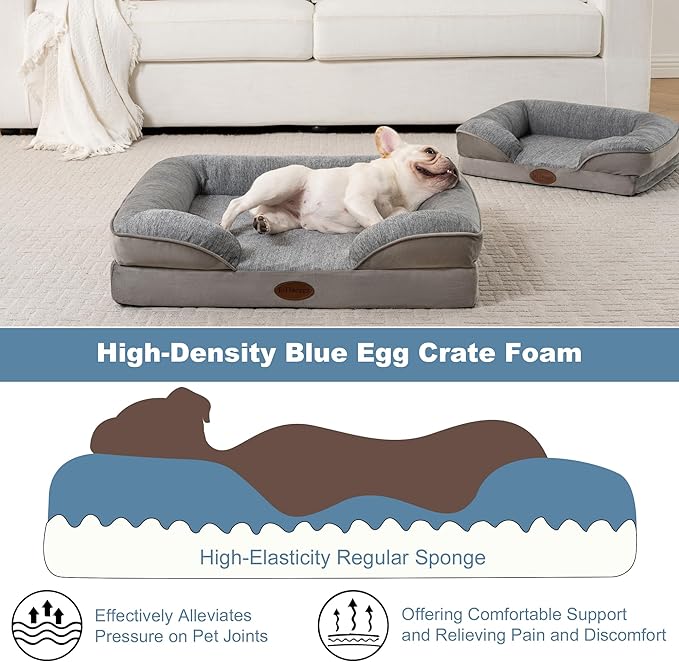Cooling Pet Bed for Medium Dogs and Cats, Waterproof Orthopedic Dog Sofa Bed, Supportive Foam Pet Couch Bed with Washable Removable Cover, Waterproof Lining and Nonskid Bottom(Medium, Grey)