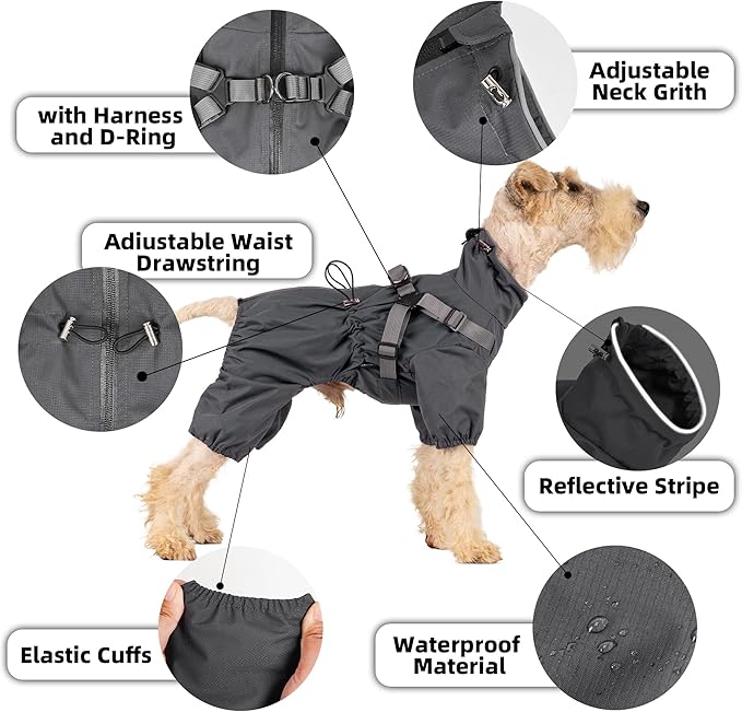 Mile High Life Waterproof Dog Raincoat, Full Coverage Small Dog Rain Coat with Harness, Adjustable 4 Legs Puppy Rain Jacket with Reflective Strip and Elastic Cuffs (Purple, XS Back Length 11.4")