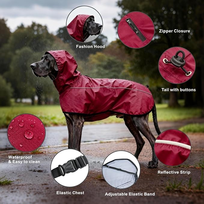 Mosucoirl Dog Raincoat Jacket Reflective Adjustable Hooded Pet Poncho Rain Coats with Leash Hole Waterproof Clothes for Small Medium Large Dogs (Red, M)