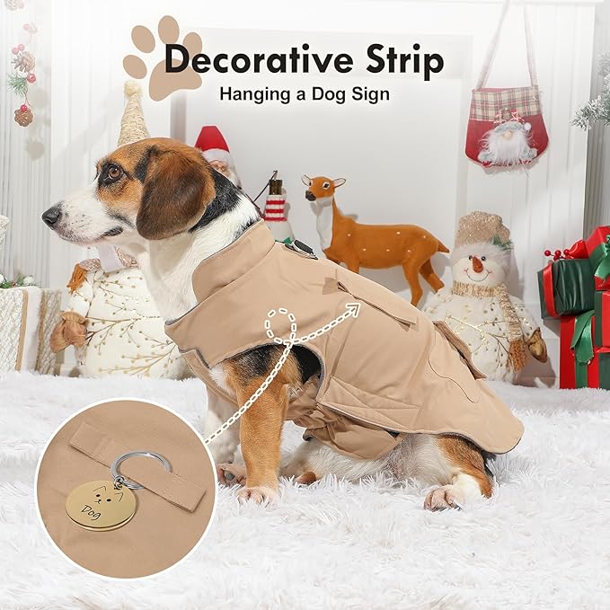 Workwear Style Dog Coats with Harness Built in for Small Dogs Windproof Warm Puppy Jacket with Storage Pockets for Cold Winter,LightBeige XXXL