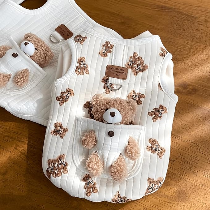 Cute Pet Apparel Plush Bear Pattern Cartoon Dog Clothes All Season Sleeveless Puppy Kitten Pullover Soft Skin-Friendly (White2, S (2.2-4.4lbs))