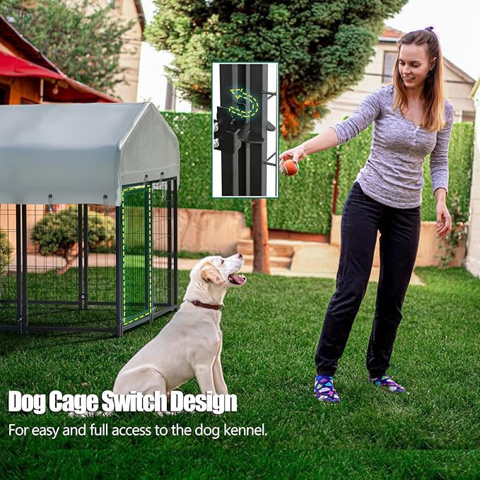 8 Panels Large Dog Kennel Outside Outdoor Dog Kennel Large with Roof Heavy Duty Dog Kennel Outdoor Indoor Dog Playpen Enclosure Pet Pen House Fence Yard Kennel for Small Medium Large 4'x4'x4.4'