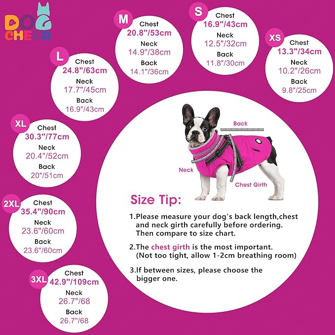 Dogcheer Dog Coat with Harness, Waterproof Dog Jacket Christmas Pet Winter Coat with Pockets, Reflective Doggy Turtleneck Fleece Jacket for Small Medium Large Dogs - Pink, XS