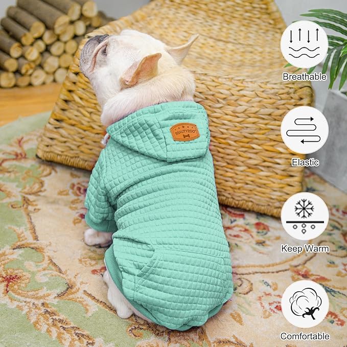 BEAUTYZOO Small Dog Hoodie Sweater with Pockets, Dog Clothes for Small Medium Dogs Boy Girl, Waffle-Like Laminated Cotton Pet Coats with Hat and Leash Hole, Mint Green M