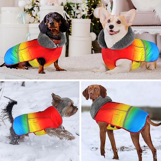 Dogcheer Warm Dog Coat, Waterproof Dog Winter Jacket Christmas Puppy Cold Weather Coats with Buckle, Reflective Adjustable Pet Snow Jacket for Small Medium Large Dogs - Gradient Red-Yellow, L