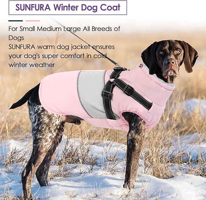 SUNFURA Dog Jacket, Large Dog Coat with Harness Built in, Warm Pet Winter Jacket Zippered Snow Coat with Furry Collar, Waterproof Fleece Snowsuit for French Bulldog, Pink L