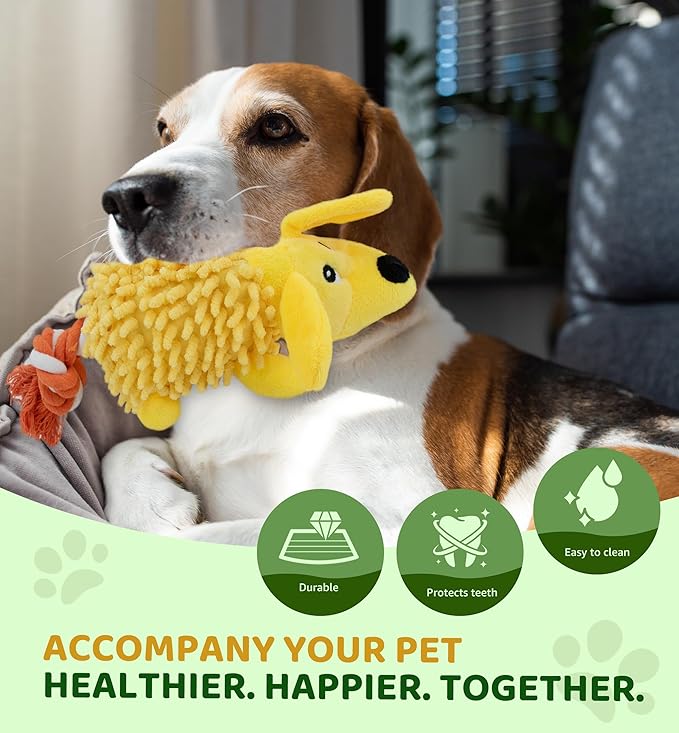 Squeaky Dog Toys - Plush Dog Toys with Soft Durable Fabric for Small Medium Large Breeds, Interactive Tug of War Rope Chew Toys, Teeth Cleaning, Dental Care, and Keep Dogs Busy (Puppy-Yellow)