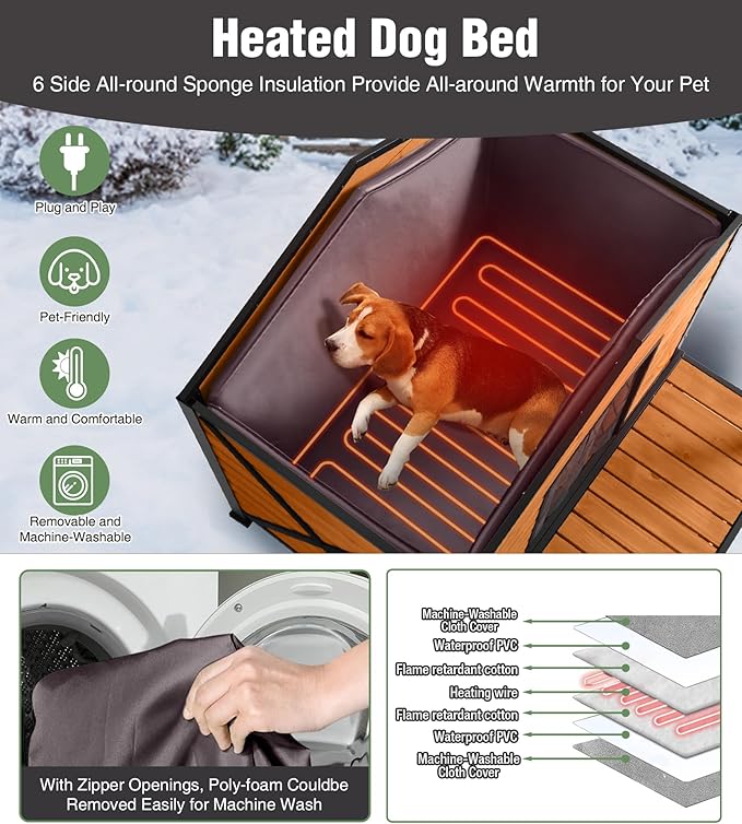 Heated Dog House, Outdoor Dog House Insulated for Winter with Heating Pad, Weatherproof Wooden Dog Kennel with Porch, Iron Frame, Openable Roof & Removable Floor