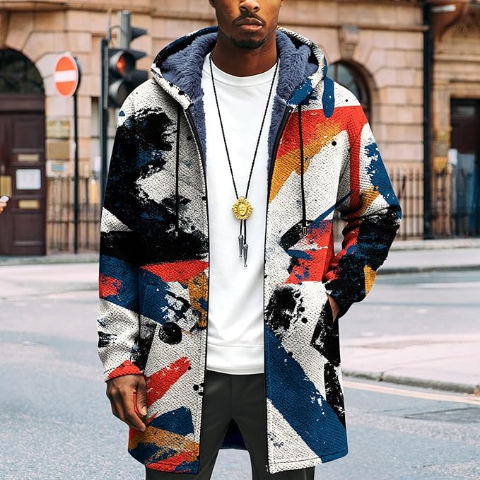 Mens Long Cardigan Hoodies Full Zip Fleece Lined Jackets Fashion Knitted Color Block Hooded Coat with Pockets