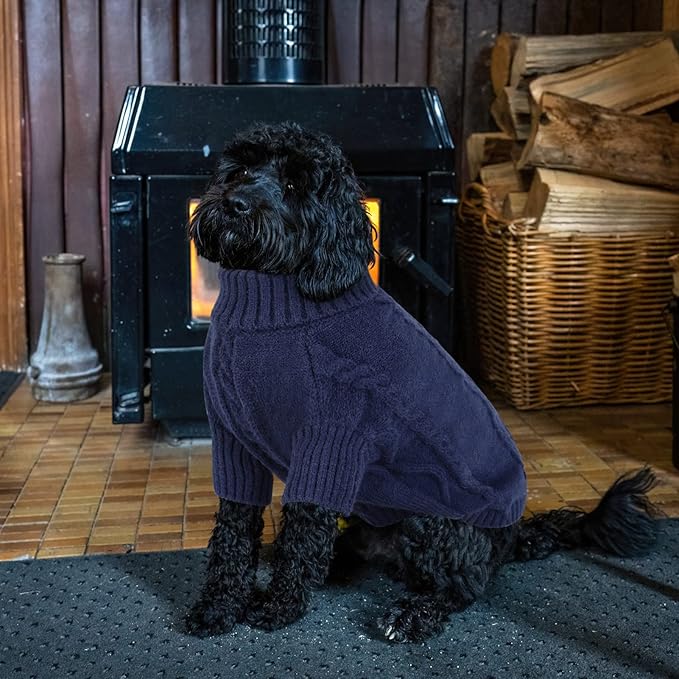 Queenmore Small Dog Pullover Sweater, Cold Weather Cable Knitwear, Classic Turtleneck Thick Warm Clothes for Chihuahua, Bulldog, Dachshund, Pug (Dark Navy, X-Small)