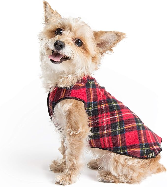 Goldpaw Stretchy Fleece Jacket for Small Dogs - Super Soft, Warm Dog Sweater - Pet Sweater Vest for Fall and Winter - Canine Clothes Made in The USA - Machine Washable - Red Classic Plaid - Size 26
