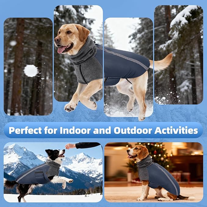 SlowTon Winter Dog Coat, Warm Polar Fleece Lining Doggie Outdoor Jacket with Turtleneck Scarf Reflective Stripe Adjustable Waterproof Windproof Puppy Vest Soft Pet Outfits (XL,Dark Blue)