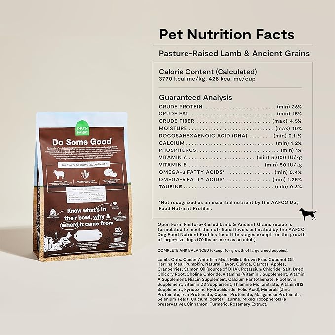Open Farm, Ancient Grains Dry Dog Food, Protein-Rich & Nutrient Dense, 90% Animal Protein Mixed with Non-GMO Fruits, Veggies and Superfoods, Pasture Raised Lamb Recipe, 11lb Bag