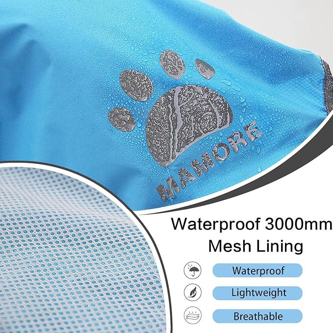 Waterproof Dog Raincoat, Reflective Adjustable Hooded Dog Rain Coat, Lightweight Breathable Pet Rain Jacket Poncho Double Layer with Leash Hole for Small Medium Large Dogs (Blue, Small)
