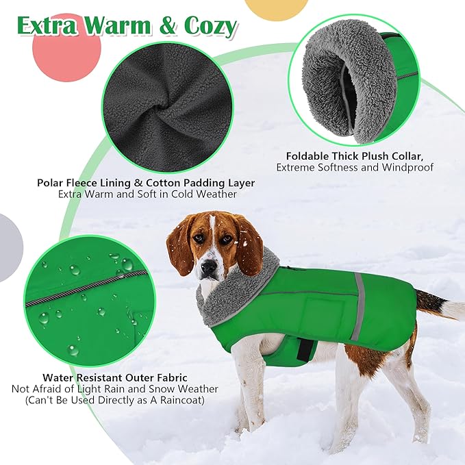 Dogcheer Warm Dog Coat, Waterproof Dog Jacket Christmas Puppy Winter Coat with Buckle, Reflective Adjustable Pet Snow Jacket Turtleneck Fleece Sweater for Small Medium Large Dogs - Green, 3XL