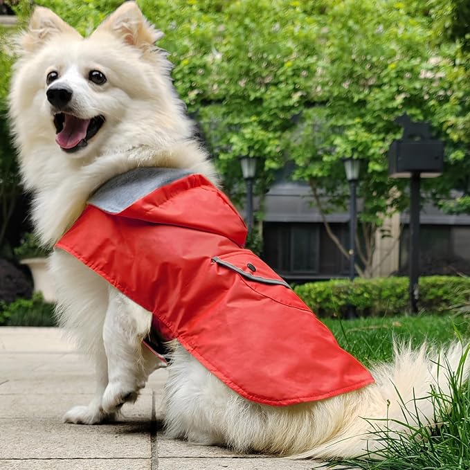 Small Dog Raincoat Rain Jacket for Puppy Dogs Reflective Poncho Rainwear Waterproof Pet Clothes Warm Lined Pocket Hooded Leash Hole Adjustable,Red,XS,Back Length 6.3 Inch