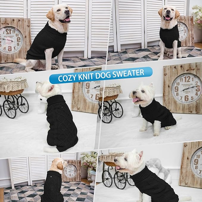 Mihachi Turtleneck Dog Sweater - Winter Coat Apparel Classic Cable Knit Clothes with Leash Hole for Cold Weather, Ideal Gift for Pet in New Year Black Medium