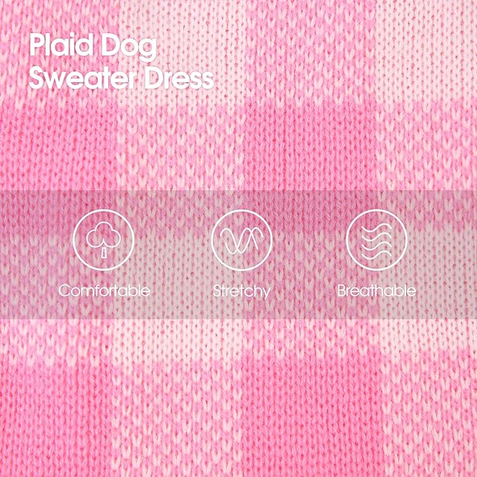 Dog Sweater Dress Plaid Knitwear for Small Medium Dogs Warm Puppy Pet Turtleneck Stretch Pullover Cute Fall Winter Vest Clothes with Leash Hole for Christmas