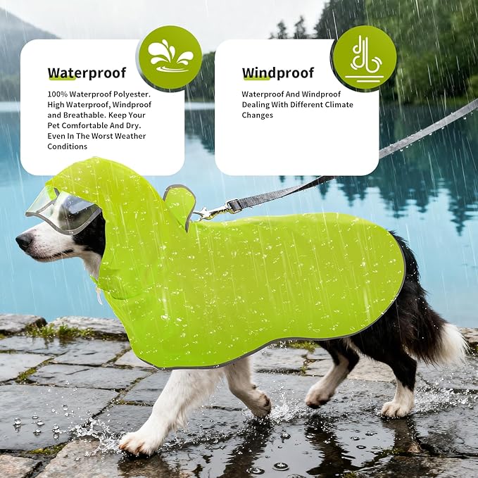 Dog Raincoat, Waterproof Windproof Dog Rain Jacket with Hood, Rain Coat with Leash Hole, Adjustable Raincoat Poncho for Small Medium Large Dogs Outdoor (Neon Yellow, Large)