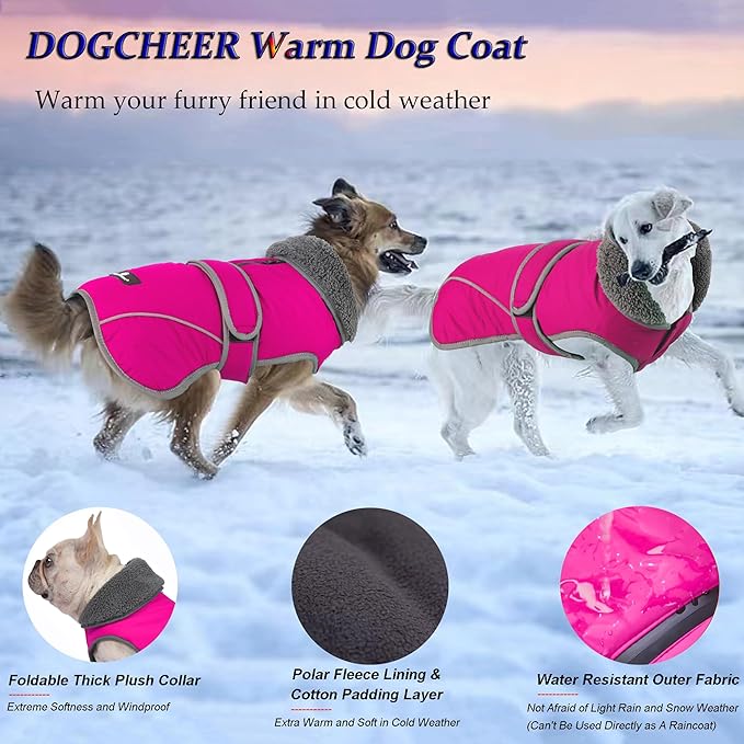 Dogcheer Dog Coat, Waterproof Dog Jacket Reflective Pet Winter Coat with Adjustable Hook & Loop, Christmas Puppy Fleece Jacket Warm Turtleneck Snowsuit for Small Medium Large Dogs - Pink, M