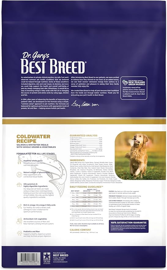 Best Breed Dr. Gary's Coldwater Recipe Slow-Cooked in USA, Natural Dry Dog Food for All Breeds and Sizes, 26lbs.