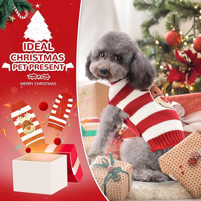 PETCARE Reindeer Christmas Dog Sweater Red Striped Cat Sweater Cartoon Elk Pet Vest Holiday Dog Clothes Puppy Sweaters for Small Medium Large Dogs Cats Fall Winter Outfits Xmas Dogs Costume,Small